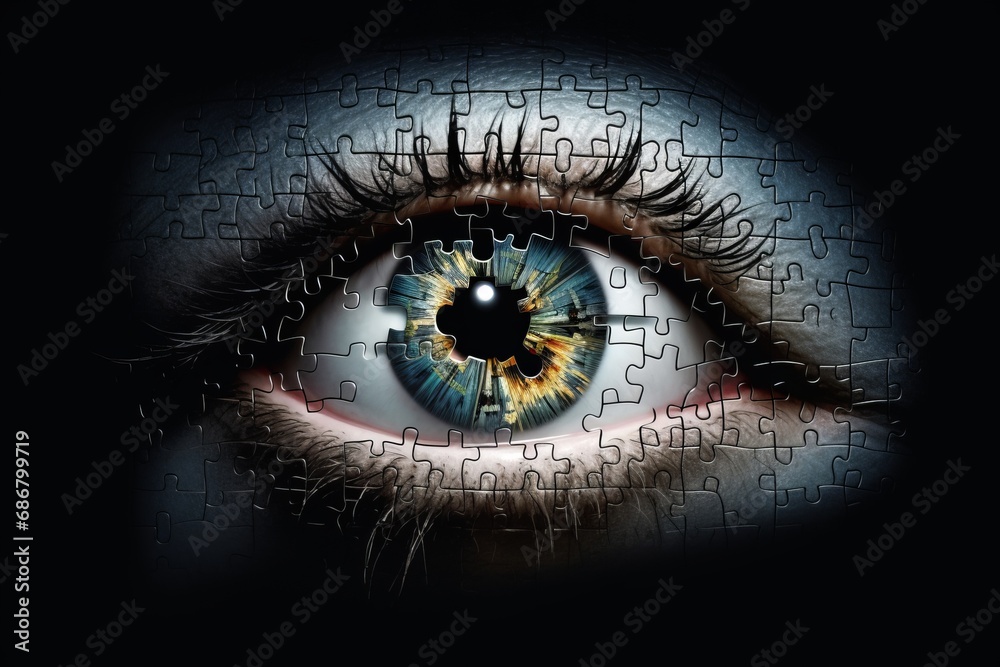 Human eye, partially composed of puzzle pieces, symbolizing the concept of vision restoration and laser eye correction surgery. Idea of assembling visual clarity through medical intervention. Human eye, partially composed of puzzle pieces, symbolizing the concept of vision restoration and laser eye correction surgery. Idea of assembling visual clarity through medical intervention.