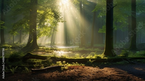 The breathtaking allure of a forest at sunrise  with the first light filtering through the trees  creating a magical and enchanting woodland scene