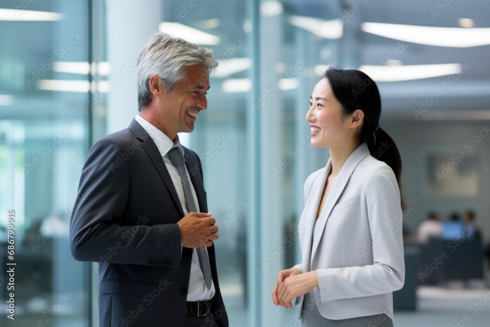 Two Asian business people, a businessman, and a businesswoman, are engaged in a discussion at the workplace Two Asian business people, a businessman, and a businesswoman, are engaged in a discussion at the workplace