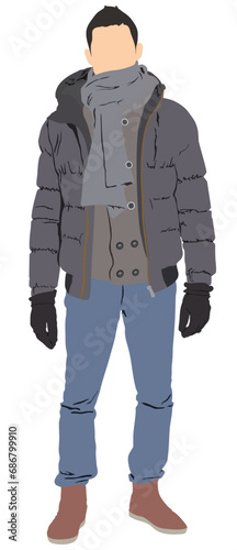Modern young man in winter apparel, warm jacket and scarf. Trendy stylish guy wearing fashion outfit, casual clothes in cold weather. Flat vector illustration isolated on white background