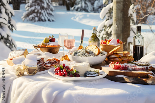 Christmas dinner outdoors  featuring a gourmet picnic spread with dishes like smoked salmon  champagne infused salads  and artisanal bread  Festive blankets