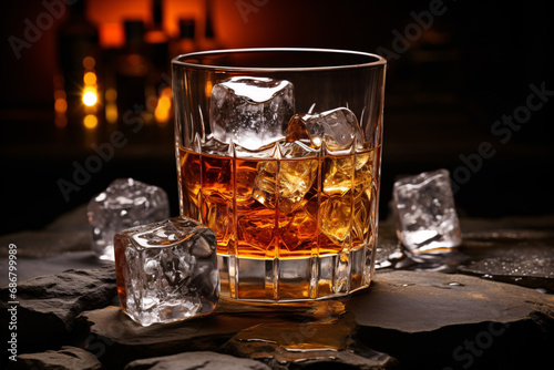An up-close view of a glass filled with ice cubes and Scotch whisky.