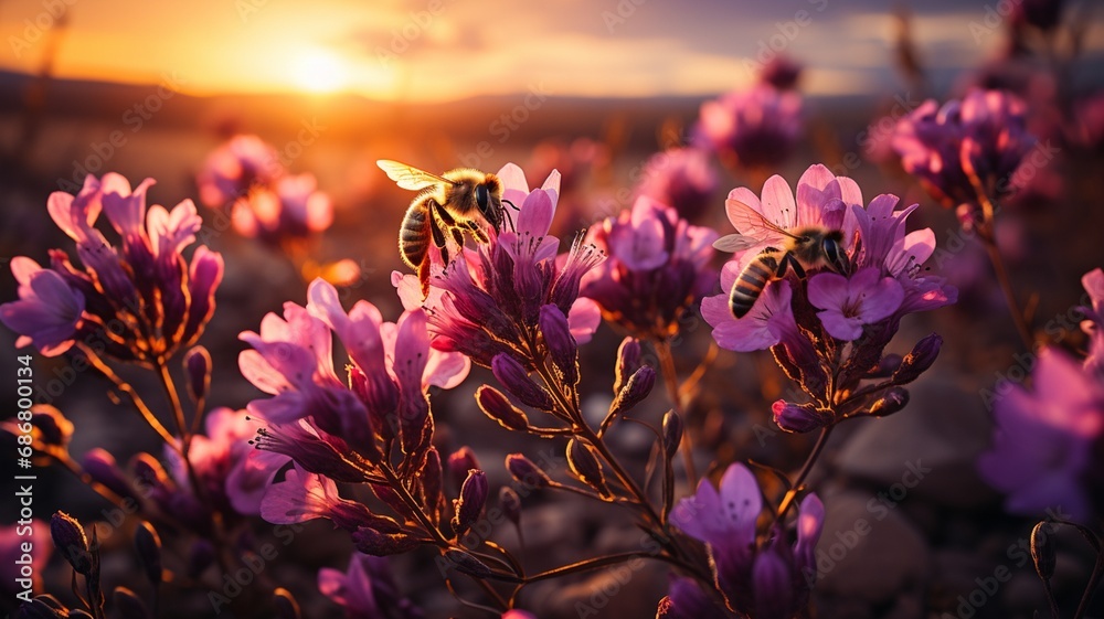 A bee collecting nectar from a blooming lavender field, capturing the industrious and vibrant essence of spring pollination - obrazy, fototapety, plakaty 