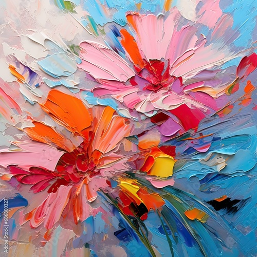 a colorful painting with all different shapes, in the style of floral impressionism, light red and sky-blue, 32k uhd, heavy use of palette knives, joyful celebration of nature, ferrania p30, colorful  photo