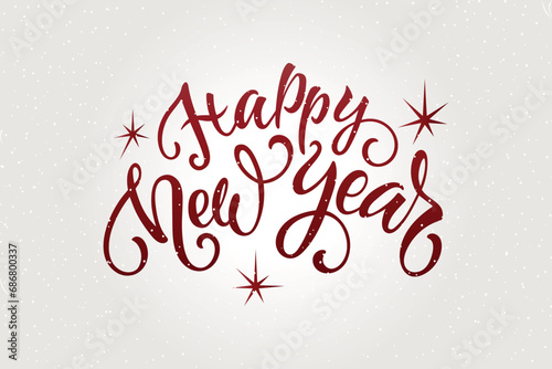 Happy New Year handwritten text. Modern brush ink calligraphy, hand lettering. Sparkling magical particles and stars. Golden textured letters.Vector holiday illustration for greeting card, poster