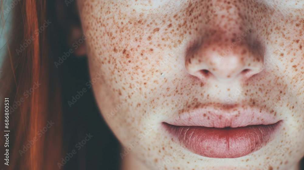 Freckles Woman portrait. Close-up. Beautiful blue eyed girl with freckles is looking at camera, on a white background Freckles Woman portrait. Close-up. Beautiful blue eyed girl with freckles is looking at camera, on a white background