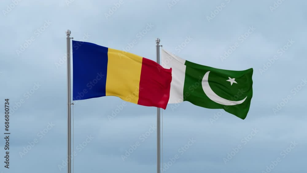 Pakistan flag and Chad flag waving together on cloudy sky, endless seamless loop, two country relations concept Pakistan flag and Chad flag waving together on cloudy sky, endless seamless loop, two country relations concept
