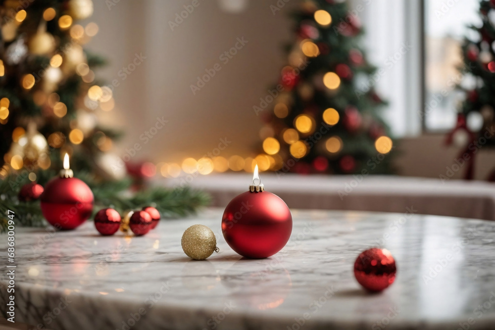 Empty marble table with christmas theme in blurry background