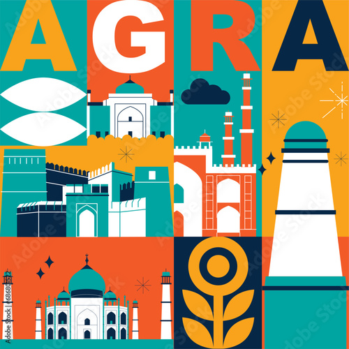 Typography word Agra branding technology concept. Collection of flat vector web icons. Indian culture travel set, architectures, specialties detailed silhouette. Doodle Asian famous landmarks