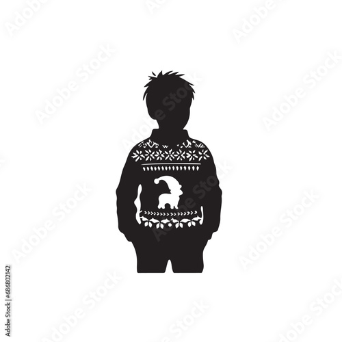 Christmas Boy Silhouette in Sweater with Festive Joy - Black Vector Christmas Silhouette
 photo