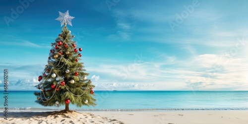 Beautiful decorated Christmas tree on the azure beach, Shot for a poster or postcard. Generative AI © 22_monkeyzzz
