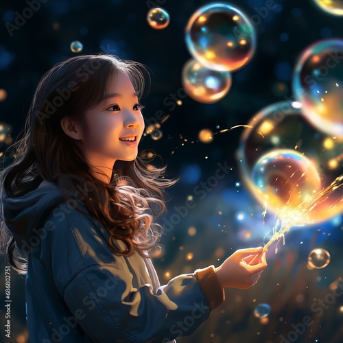girl with soap bubbles, woman blowing bubbles