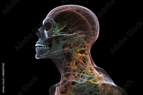 Anatomical illustration of a human skeleton with nerves, muscles, and blood circulatory system. Skeletal, nervous, and cardiovascular systems in the human body.