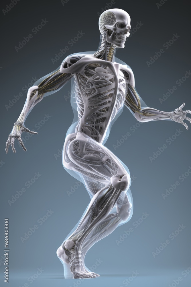 Anatomical illustration of a human skeleton with nerves, muscles, and blood circulatory system. Skeletal, nervous, and cardiovascular systems in the human body. Anatomical illustration of a human skeleton with nerves, muscles, and blood circulatory system. Skeletal, nervous, and cardiovascular systems in the human body.