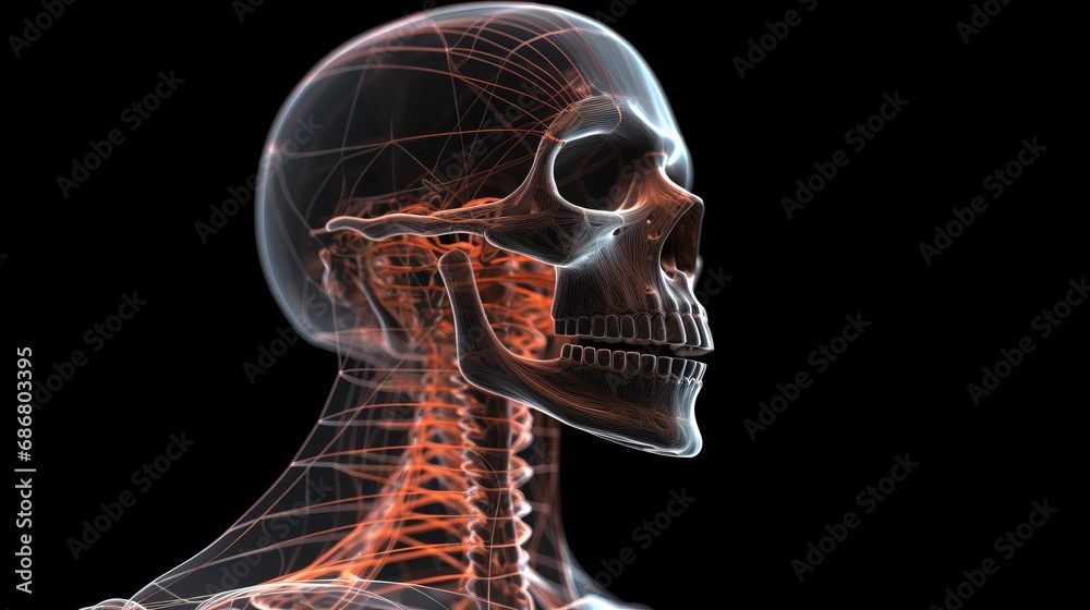 Anatomical illustration of a human skeleton with nerves, muscles, and ...