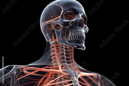 Anatomical illustration of a human skeleton with nerves, muscles, and blood circulatory system. Skeletal, nervous, and cardiovascular systems in the human body.