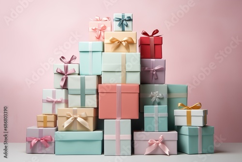 Tall stack of beautiful, colorful Christmas presents. Generative Ai © Tijana