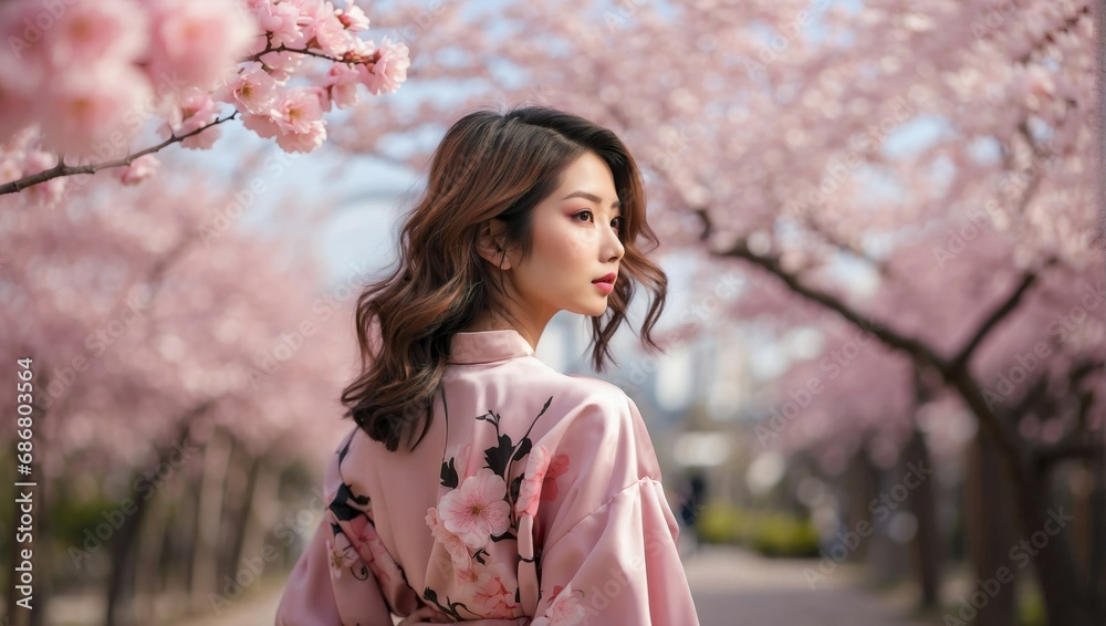 Attractive young Asian woman in a fashionable pink outfit with cherry blossoms in the background Attractive young Asian woman in a fashionable pink outfit with cherry blossoms in the background