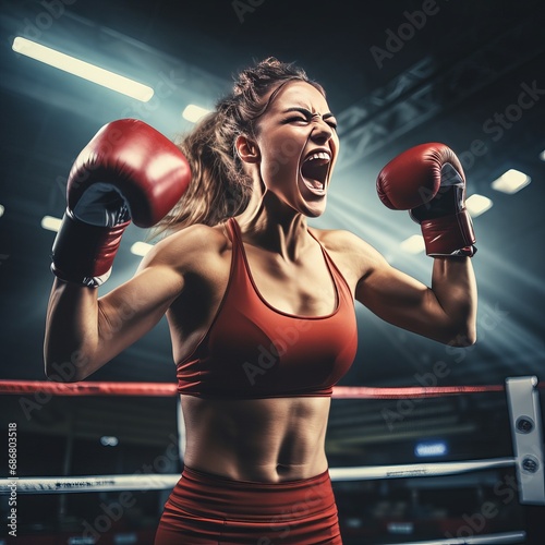 woman in boxing gloves, champion, boxing champion, victory celebration