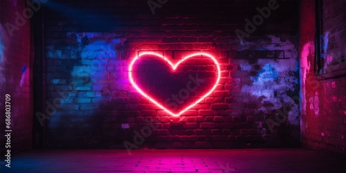 neon frame with hearts on a brick wall, graffiti, neon lights in the background, background with neon lighting