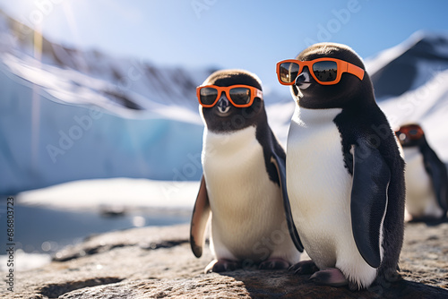 Funny penguins in glasses on the glaciers of the South Pole  