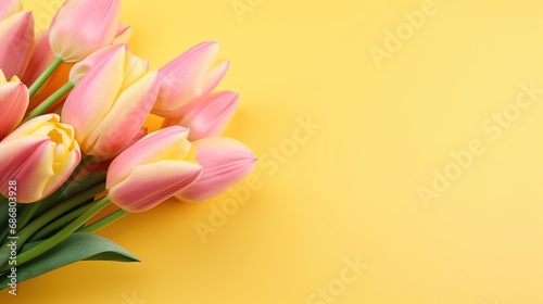 Pink tulips on the yellow background. Valentines background.