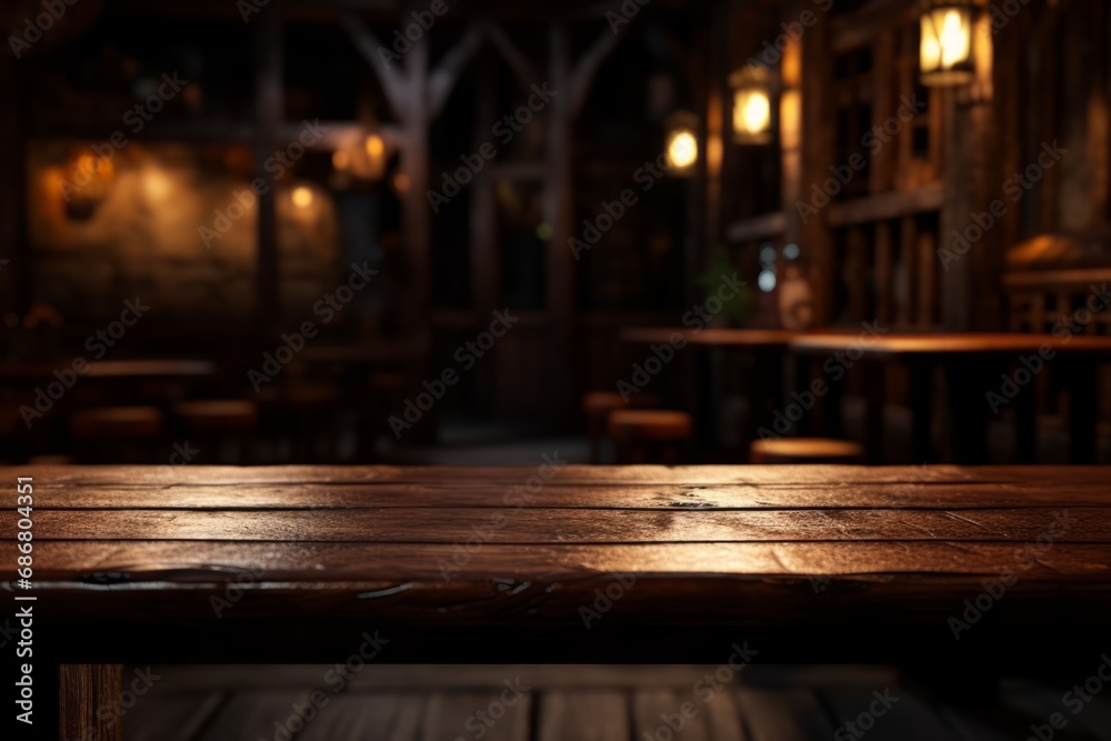Fototapeta premium Gemütliches Restaurant Holztische Kerzenlicht Stimmungsvolle Beleuchtung Inneneinrichtung Gaststätte Rustikal Design Warme Atmosphäre