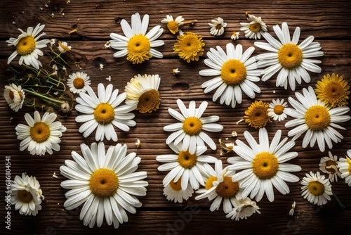 A charming top-view flat lay with chamomile flowers and garden daisies artfully arranged on a rustic wooden backdrop.  © Resonant Visions