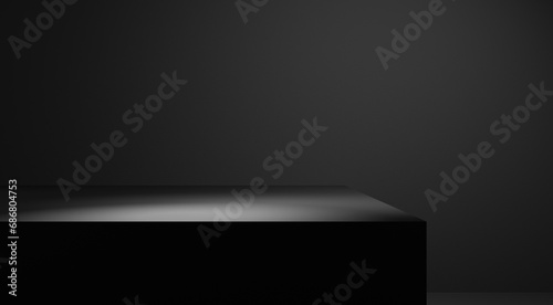 Black table background with spotlight and black wall, black empty dark minimal blank space, black abstract background podium stage geometrical form and plaster dark wall gradient, black stage podium photo