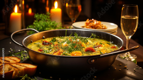 Food photography Boibes soup in a cast-iron saucepan with spices on a wooden table with glasses of sparkling white wine