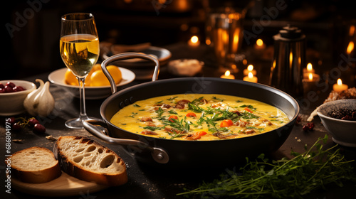 Food photography Boibes soup in a cast-iron saucepan with spices on a wooden table with glasses of sparkling white wine