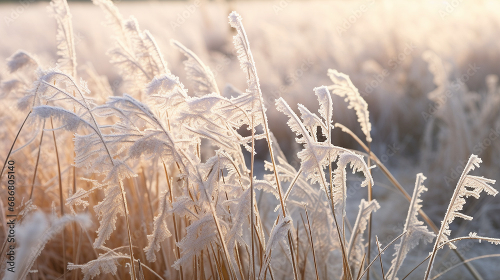 Fototapeta premium Hoarfrost Elegance: Thick hoarfrost on grass blades, creating a striking contrast between the white ice crystals and the muted tones of the surroundings.
