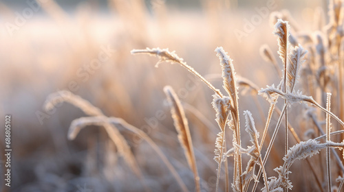 Nature's Lace: Frost delicately tracing the contours of grass stems, resembling intricate lacework against a soft background.