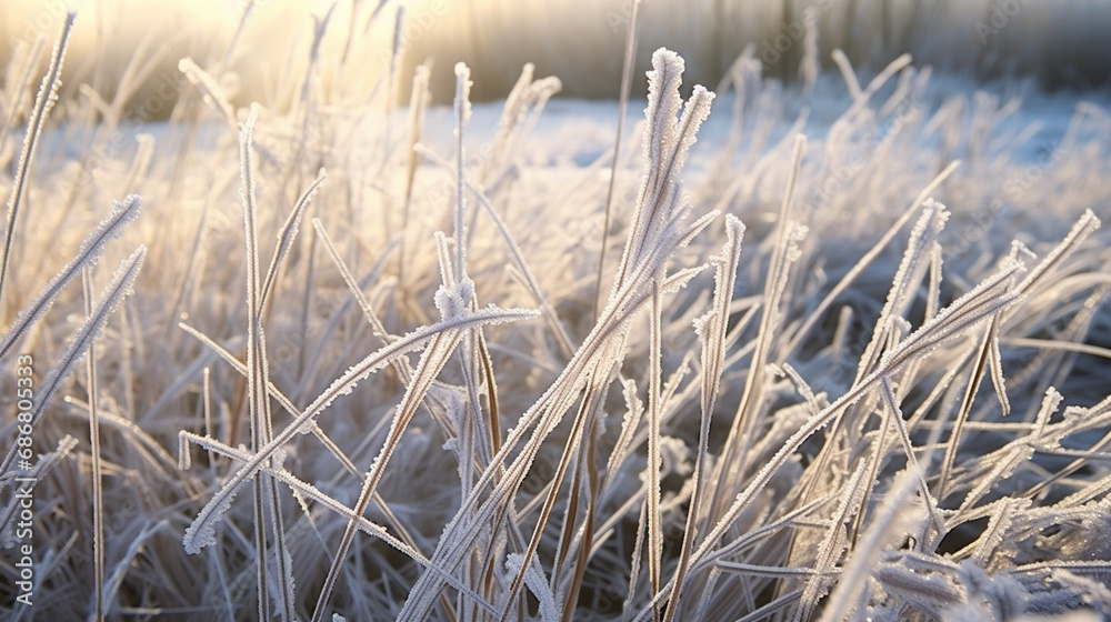 Fototapeta premium Frozen Oasis: A close-up of frost on blades of grass, creating an illusion of a frozen oasis in the midst of a winter wilderness.