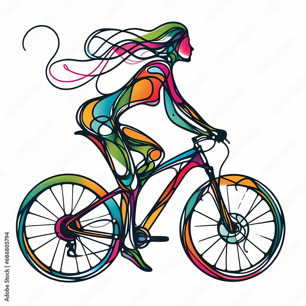 Fototapeta premium Cycling woman on white background, abstract line drawing