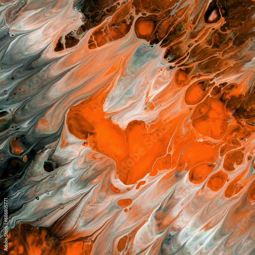 Vibrant, colorful and fluid abstract paint texture background in a modern and contemporary style. Orange, black and white tones