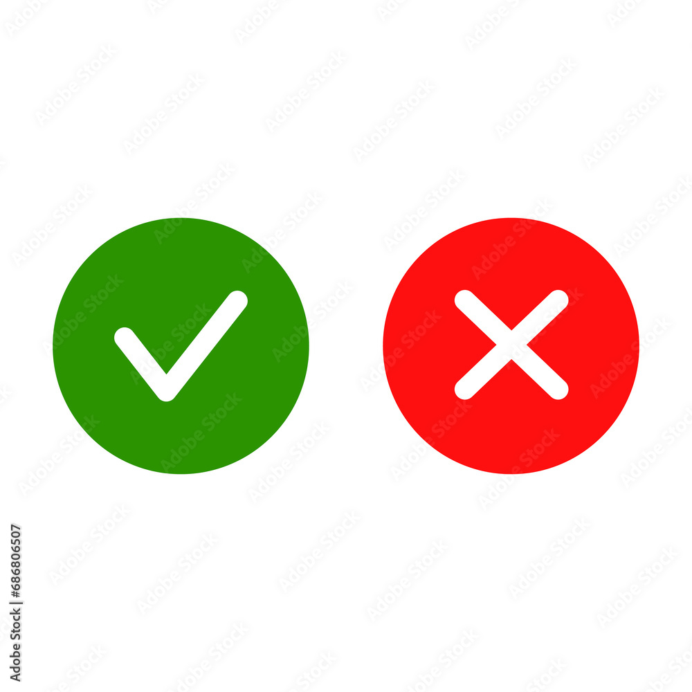 Checkmark / check, x or approve & deny color flat line art  icon for apps and websites. - obrazy, fototapety, plakaty 