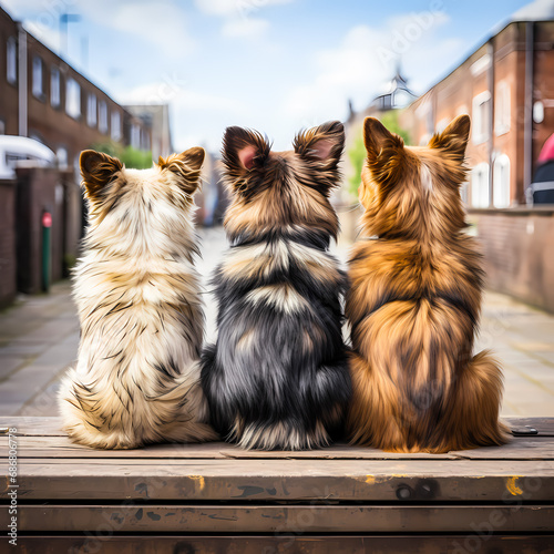 Trois chiens assis vus de dos qui regardent la ville