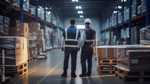 Professionals working together in a warehouse. Fulfillment, logistics, transportation background. 