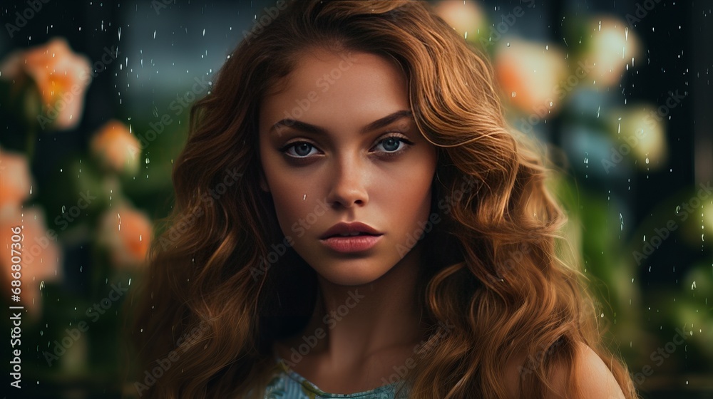 A woman with a face that resembles a mermaid and a flower behind her. A woman with a face that resembles a mermaid and a flower behind her.
