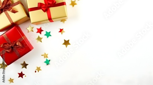 Assorted Christmas gift boxes with festive ribbons on a white background, space for text