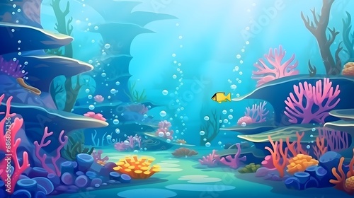 Vibrant underwater cartoon scene, colorful coral reef, marine life, adventure, fantasy, illustration