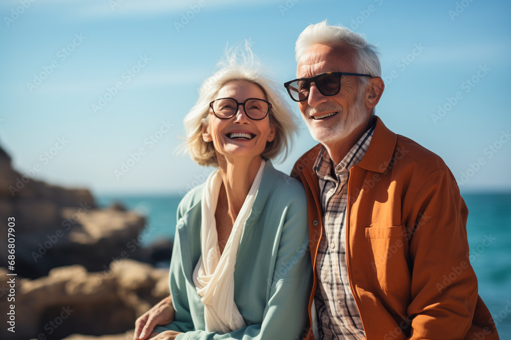 Senior Couple Radiating Joy as They Sit by the Seashore on a Sunny Day, Embracing the Tranquil Beauty of the Ocean, Perfect for Lifestyle and Retirement Concepts