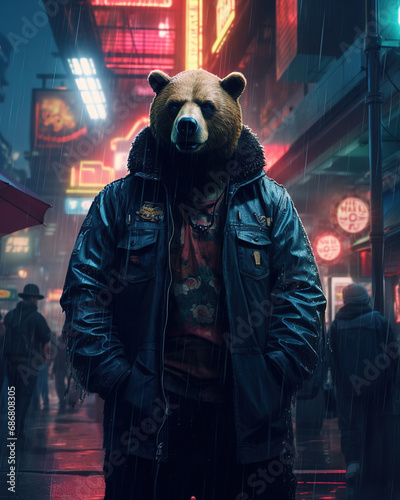 bear standing amongst the gloom in the rain, cyberpunk, generative ai 