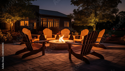Wooden Lounge Chairs Surrounding a Cozy Fire Pit in a Backyard Retreat. Embrace Nature's Warmth and Relaxation. Outdoor Living Space with Inviting Seating and Natural Ambiance for Leisure