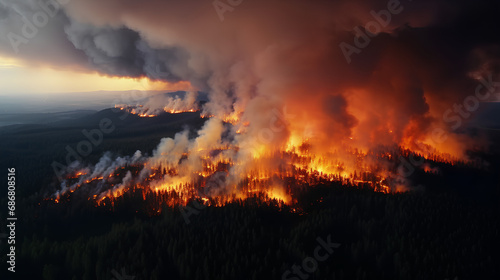 Aerial photography of a large forest fire, concept of natural disasters occurring on Earth.