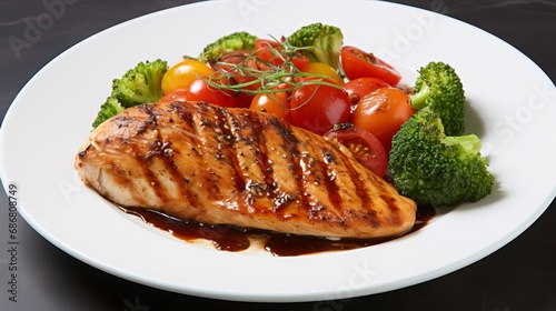 On a white plate with white sesame seeds, tomatoes, broccoli, and pumpkin, the chicken steak is topped with these ingredients.