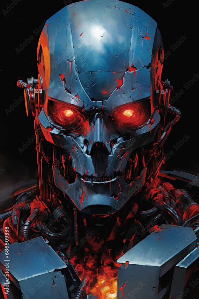 Fototapeta premium red and blue painted robot with glowing red eyes, generative ai