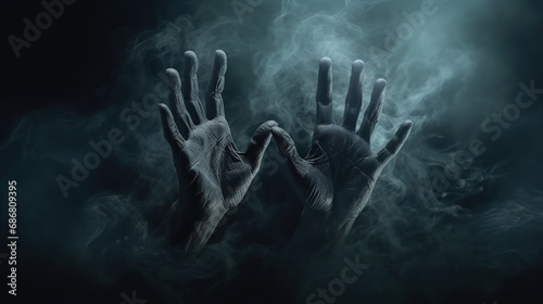 Scary hands from dark, frightening monster hand in fog, Halloween horror concept, generative ai 