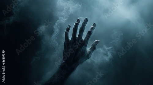Scary hands from dark, frightening monster hand in fog, Halloween horror concept, generative ai 